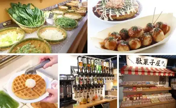 채소, 타코야키, 와플, 드링크바, 추억의 과자 등 뷔페 구성